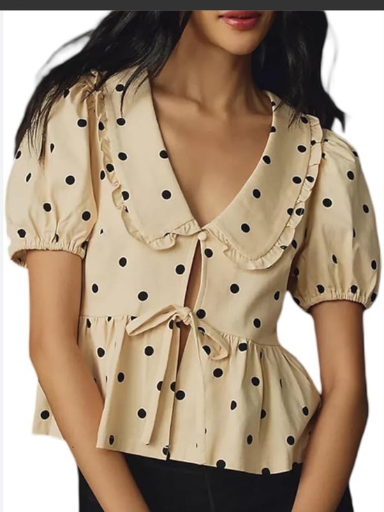 Porridge Tops - Coquette Short Sleeve Gwen Top, Beige Polka Dot Ruffle Tie-Front Peplum Blouse